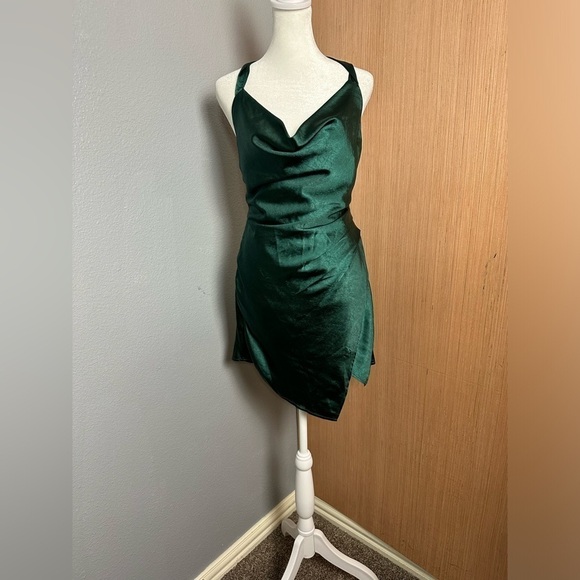 Here Comes The Sun Forrest Green Satin Mini Dress, Size Small (v) - Picture 1 of 9